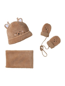 Baby Geschenkset aus Mütze, Rundschal und Fäustlinge mit Rehkitz