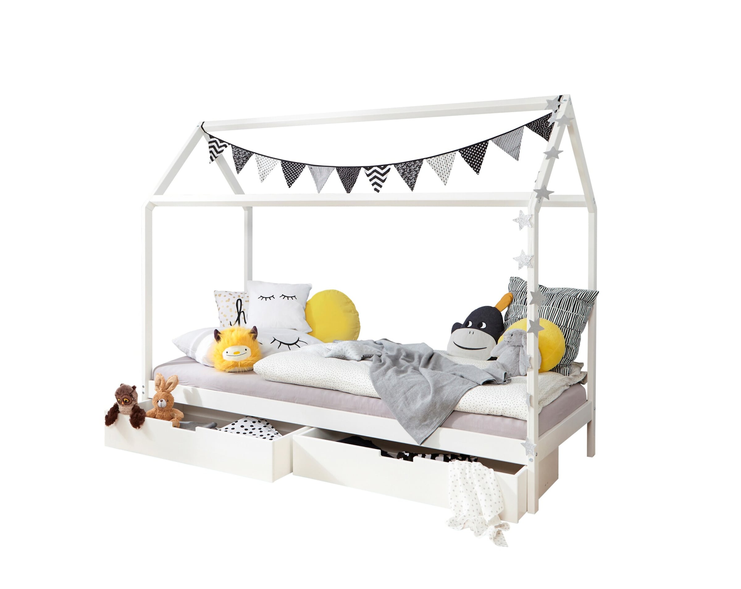 Ticaa Kinderbett Hausbett "Lina" mit Schubkästen 90x200 cm Kiefer weiß