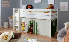 Hochbett Kiefer Weiß Vorhang "Safari"