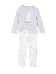 Samt-Schlafanzug mit Hasen-Applikation Mädchen, Recycling-Polyester