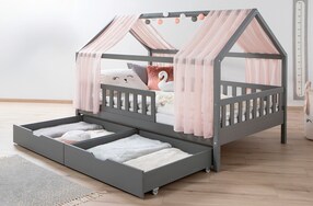 Hausbett mit Tüll Kim 90x200 cm, 100x200 cm, 120x200 cm, 140x200 cm für Jungen & Mädchen, inkl. Rolllattenrost, Schubkasten und Rausfallschutz variabel, Hellgrau aus Kiefer Massivholz