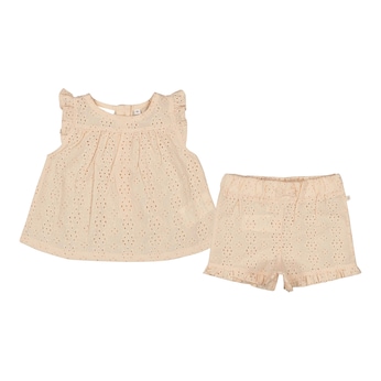 2-tlg. Set T-Shirt Flügelarm und Shorts Lochstickerei