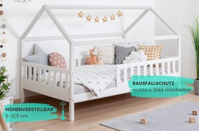 Kinderbett Hausbett "Kay" 120x200 Kiefer weiß für Jungen & Mädchen, inkl. Rolllattenrost, Rausfallschutz variabel, Montessori Bett weiß aus Kiefer Massivholz