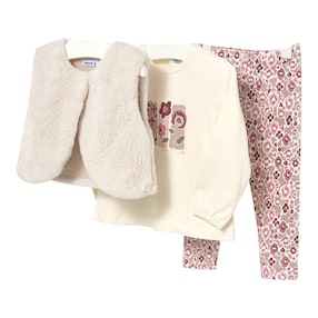 3-tlg. Set Shirt langarm, Plüschweste und Leggings Blumen