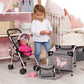 Puppen-Buggy Set mit Reisebett, Spielbogen und Zubehör