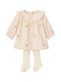 Baby-Set aus Cord-Kleid mit Blumenstickerei und Strumpfhose