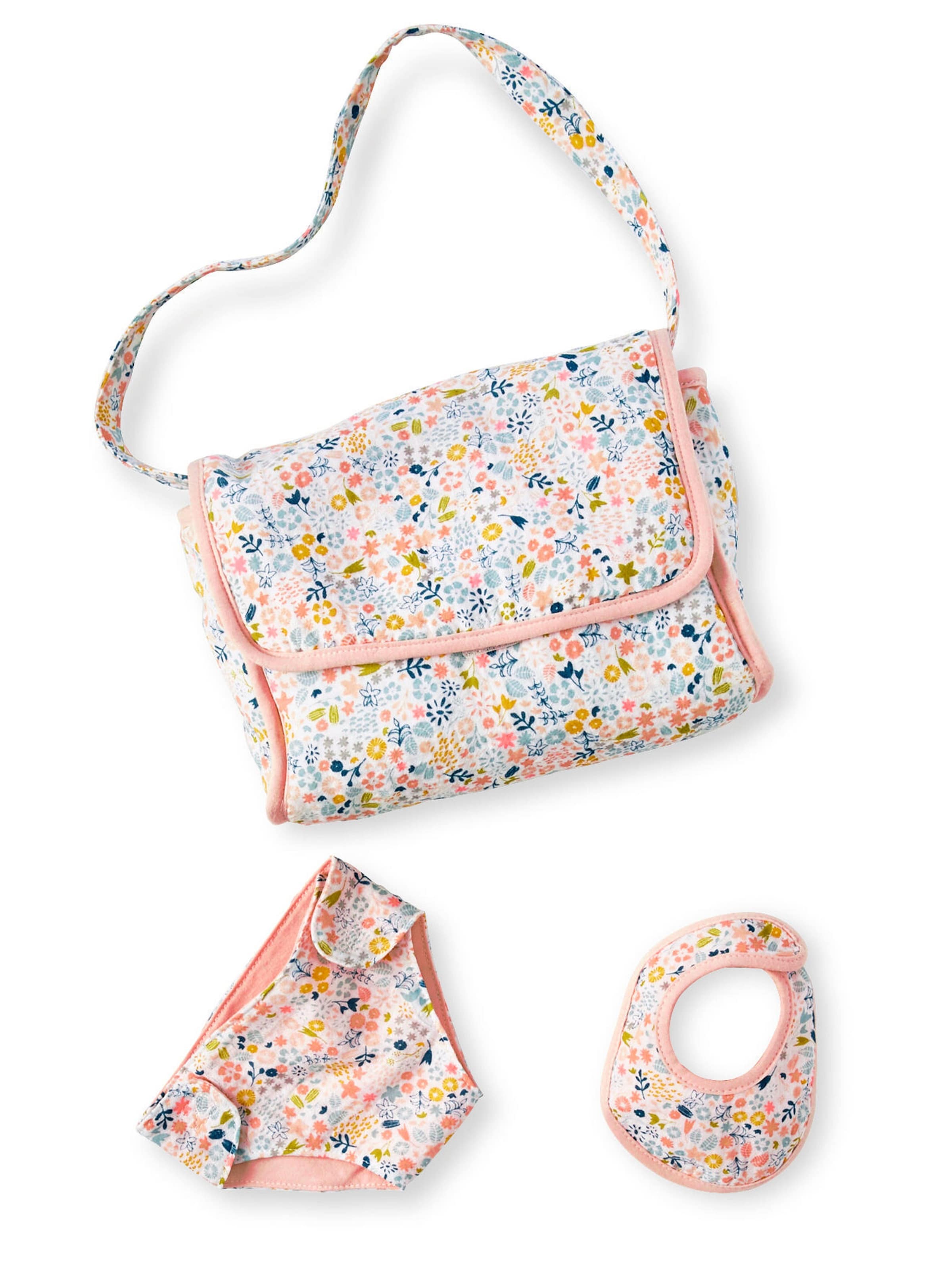 Vertbaudet Puppen-Wickeltasche mit Windel und Lätzchen VINTAGE BLUMEN