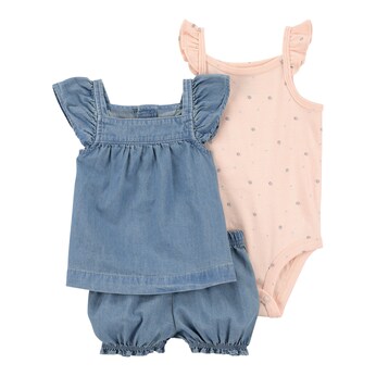 3-tlg. Set Body ohne Arm, Chambray-Top Flügelarm und Shorts Blumen