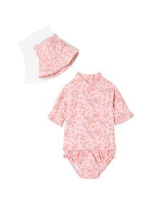Baby-Set mit Blumenmuster: UV-Badeshirt, Badeshorts und Sonnenhut mit Ohren