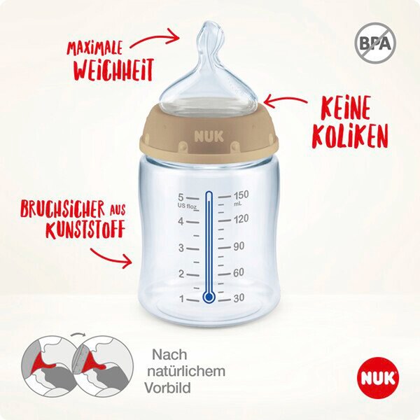 NUK - Biberon First Choice Plus, verre, anti-coliques, large goulot, 240 ml