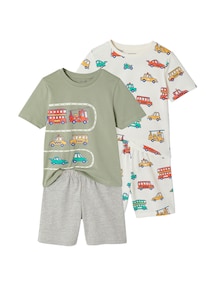 2er-Pack kurze Schlafanzüge mit Fahrzeug-Print Jungen, Recycling-Baumwolle
