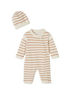 Baby-Set aus gestreiftem Strick: Overall & Mütze