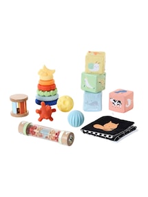 Lernspiel-Set ab der Geburt: Stoff-Buch, Regenmacher, Stapelturm, Stoffwürfel, Sensorik-Bälle und Holzrassel, Holz FSC®