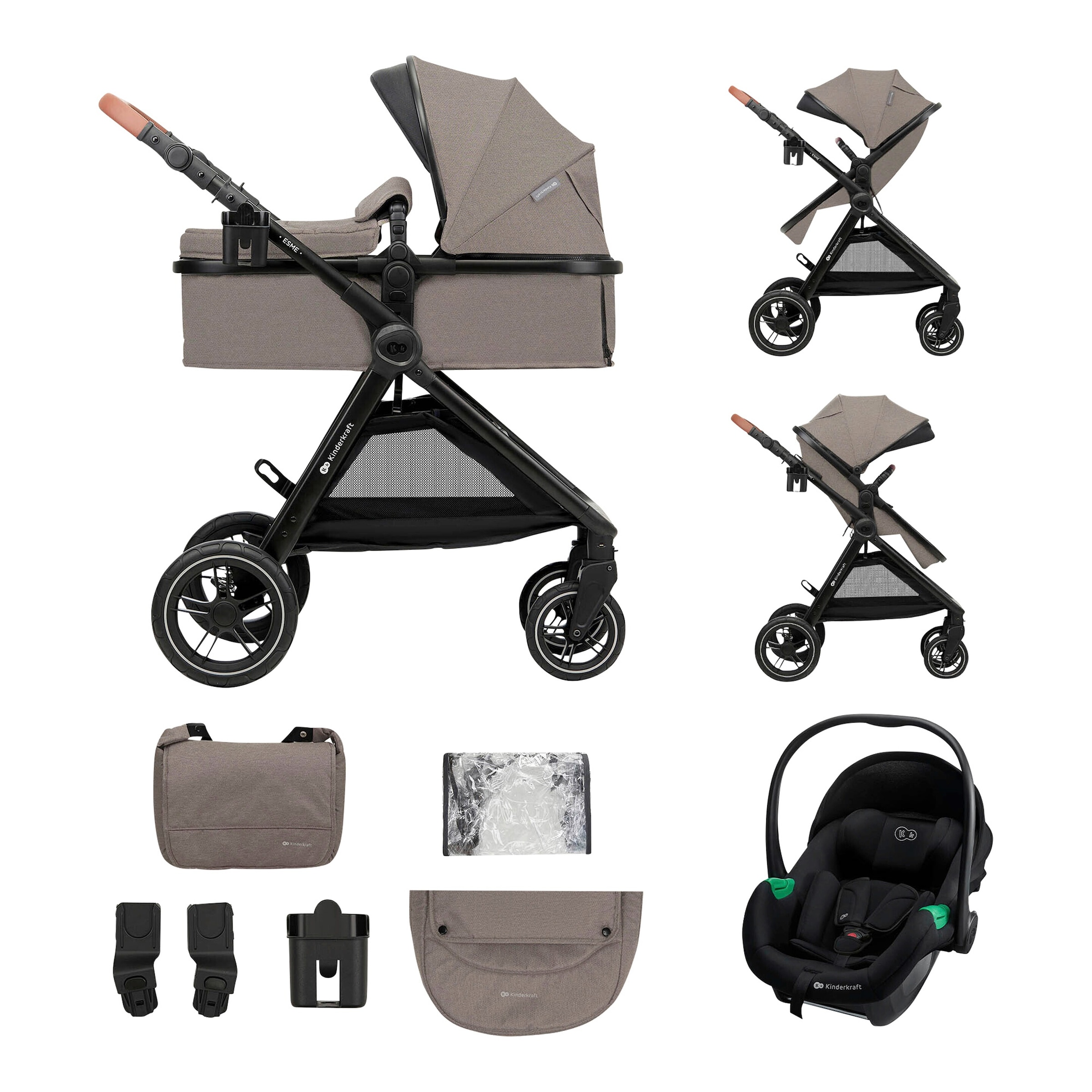 Kinderkraft Kombikinderwagen Trio-Set ESME PRO 3in1 inkl. Babyschale MINK PRO 2 beige