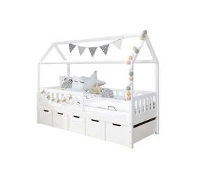 Hausbett "Traumhaus" mit 5er Schubkästen Kiefer Weiß