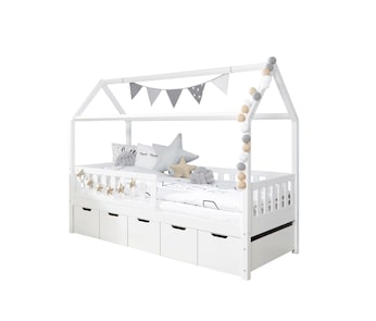 Hausbett "Traumhaus" mit 5er Schubkästen Kiefer Weiß