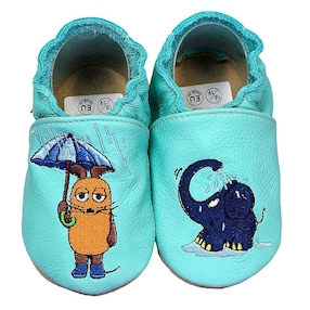 Krabbelschuhe Maus mit Elefant Regen mint