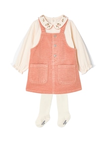 Baby-Set aus Latzkleid, Blusenshirt und Strumpfhosen