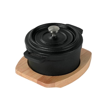 Freyersbacher Mini Cocotte 9 cm Gusseisen, Kleiner Emaille Topf | Rund, mit Brett und Tuch