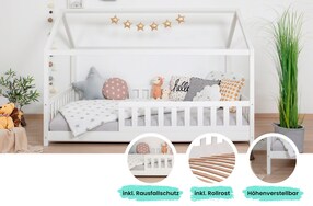 Kinderbett Hausbett "Kay" 120x200 Kiefer weiß für Jungen & Mädchen, inkl. Rolllattenrost, Rausfallschutz variabel, Montessori Bett weiß aus Kiefer Massivholz