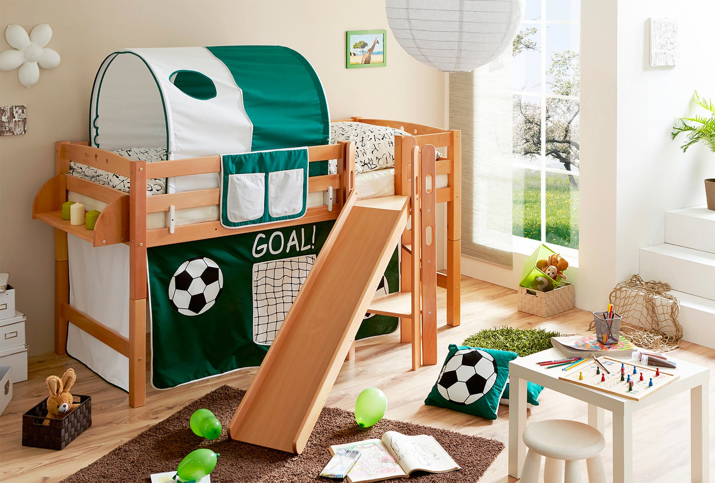 Ticaa Hochbett mit Rutsche Podestbett "Tino" Buche Natur Motiv, teilbar mit Farbauswahl