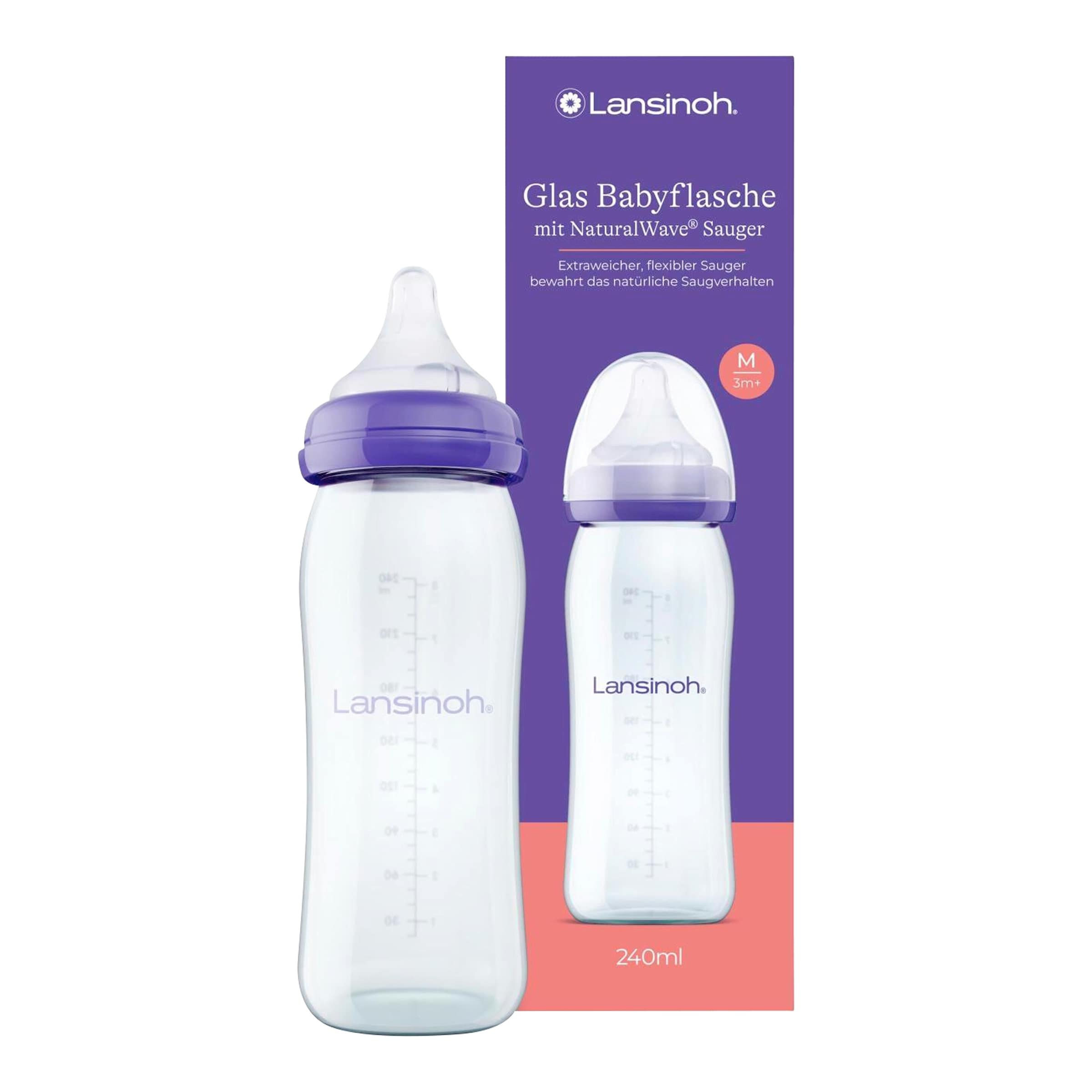 Lansinoh Babyflasche mit NaturalWave®Sauger M, Glas, Weithals, 240 ml