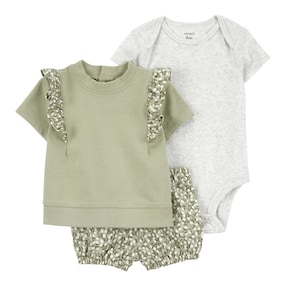 3-tlg. Set Body kurzarm, T-Shirt und Shorts Blumen