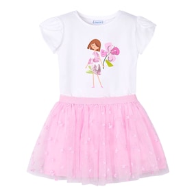 Ensemble 2 pièces T-shirt et jupe en tulle fleurs
