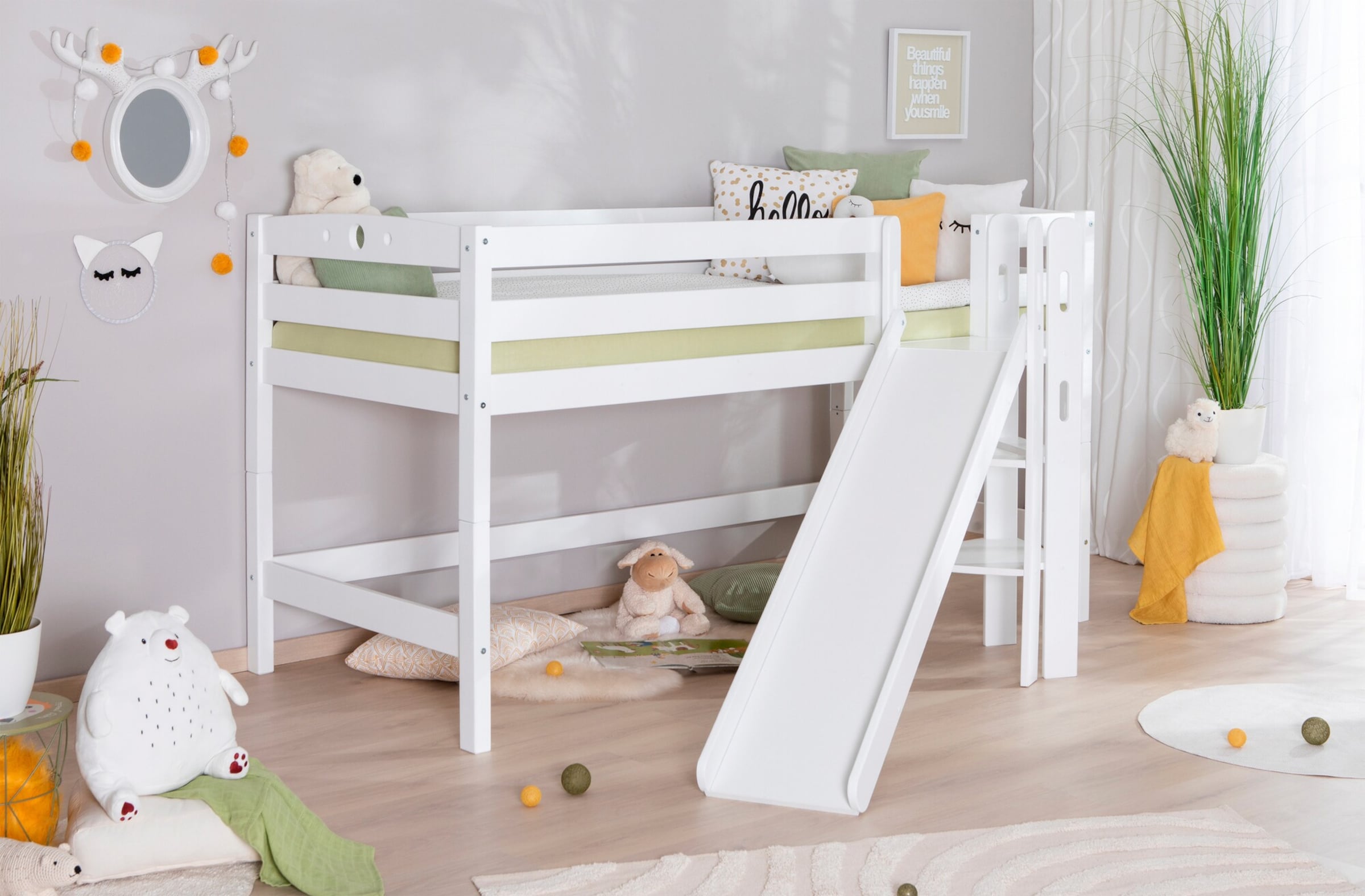 TiCAA Hochbett mit Rutsche Podestbett Tino Buche Weiß Motiv teilbar mit Farbauswahl