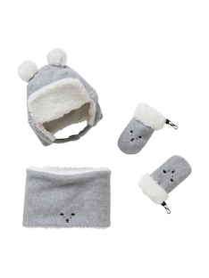 Baby Strick-Set: Mütze, Rundschal & Fäustlinge, Bär