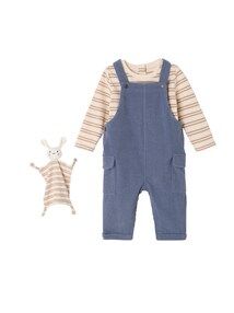 3-teiliges Baby-Set mit Geschenkbox: Shirt, Latzhose & Schmusetuch