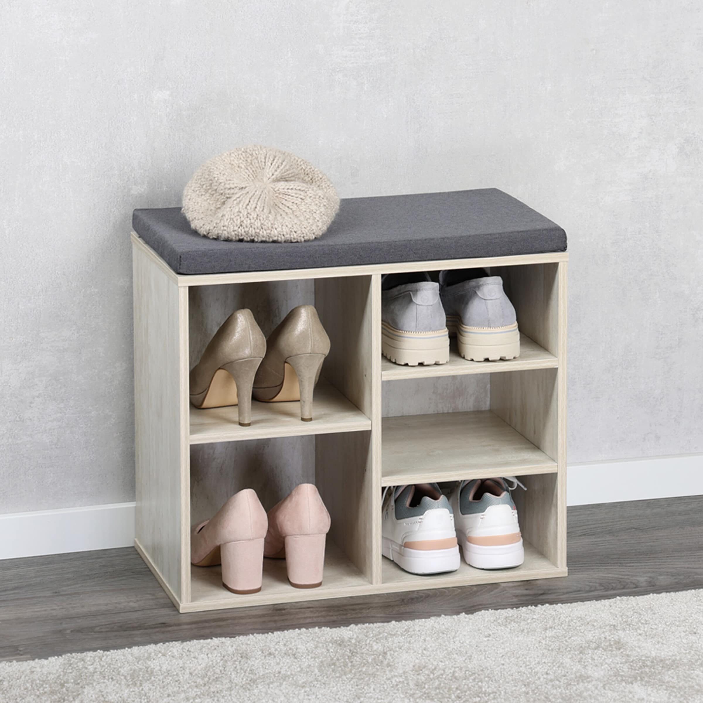 Meuble à chaussures avec coussin, 5 compartiments