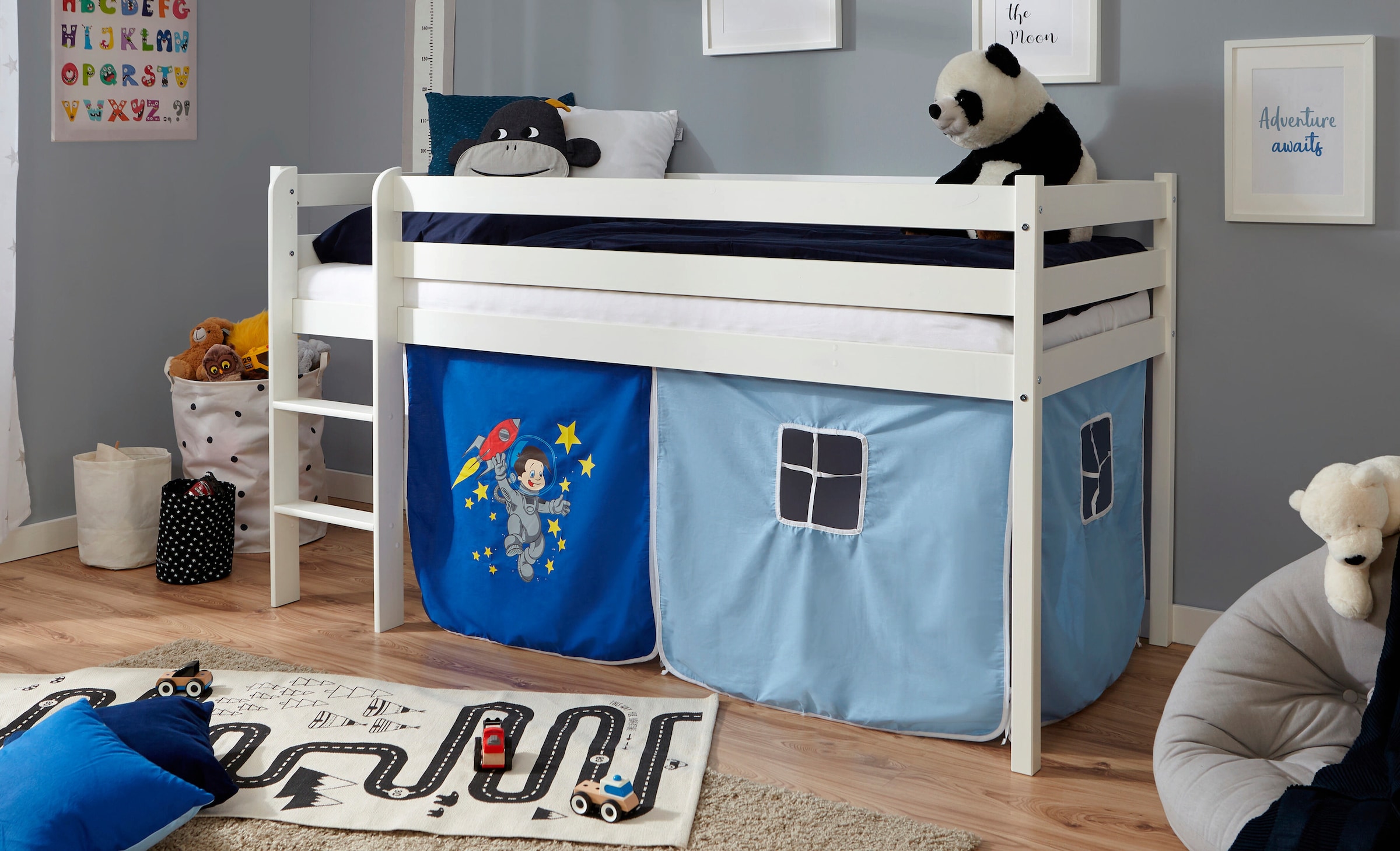 Ticaa Hochbett Kiefer Weiß Vorhang "Astronaut"