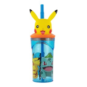 Trinkbecher mit Strohhalm und 3D-Figur Pikachu, 360 ml