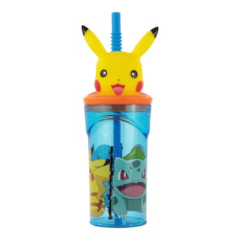 Trinkbecher mit Strohhalm und 3D-Figur Pikachu, 360 ml