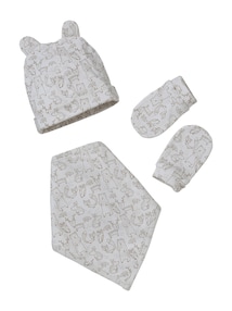 Baby-Set aus Jersey: Mütze, Fäustlinge & Halstuch in Beutel