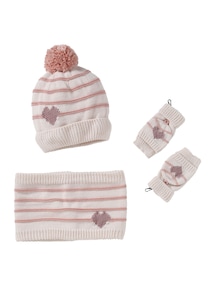 Mädchen-Set: Mütze, Rundschal & Handschuhe Streifen/Herzen