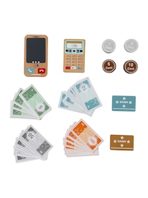 Papier-Spielgeld mit Kartenterminal und Smartphone aus Holz FSC®