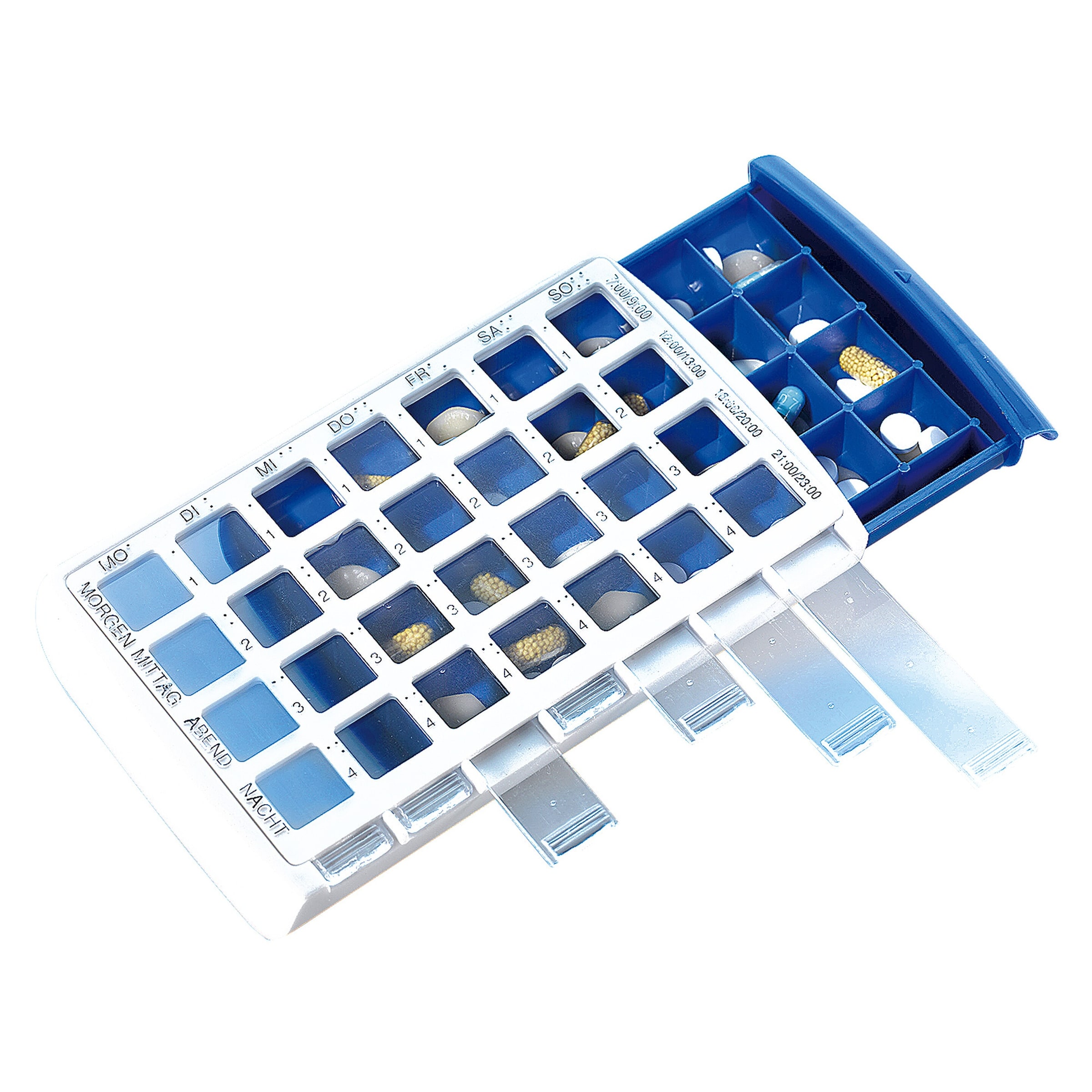 Tablettenbox 7 Tage, inkl. 4 Fächer pro Tag blau weiss