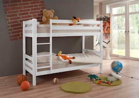TiCAA Etagenbett, Kinderbett, Stockbett Funktionsbett für Kinder mit Treppe & Zwei Liegeflächen teilbar aus Buche Massivholz weiß Bettgestell 90 x 200