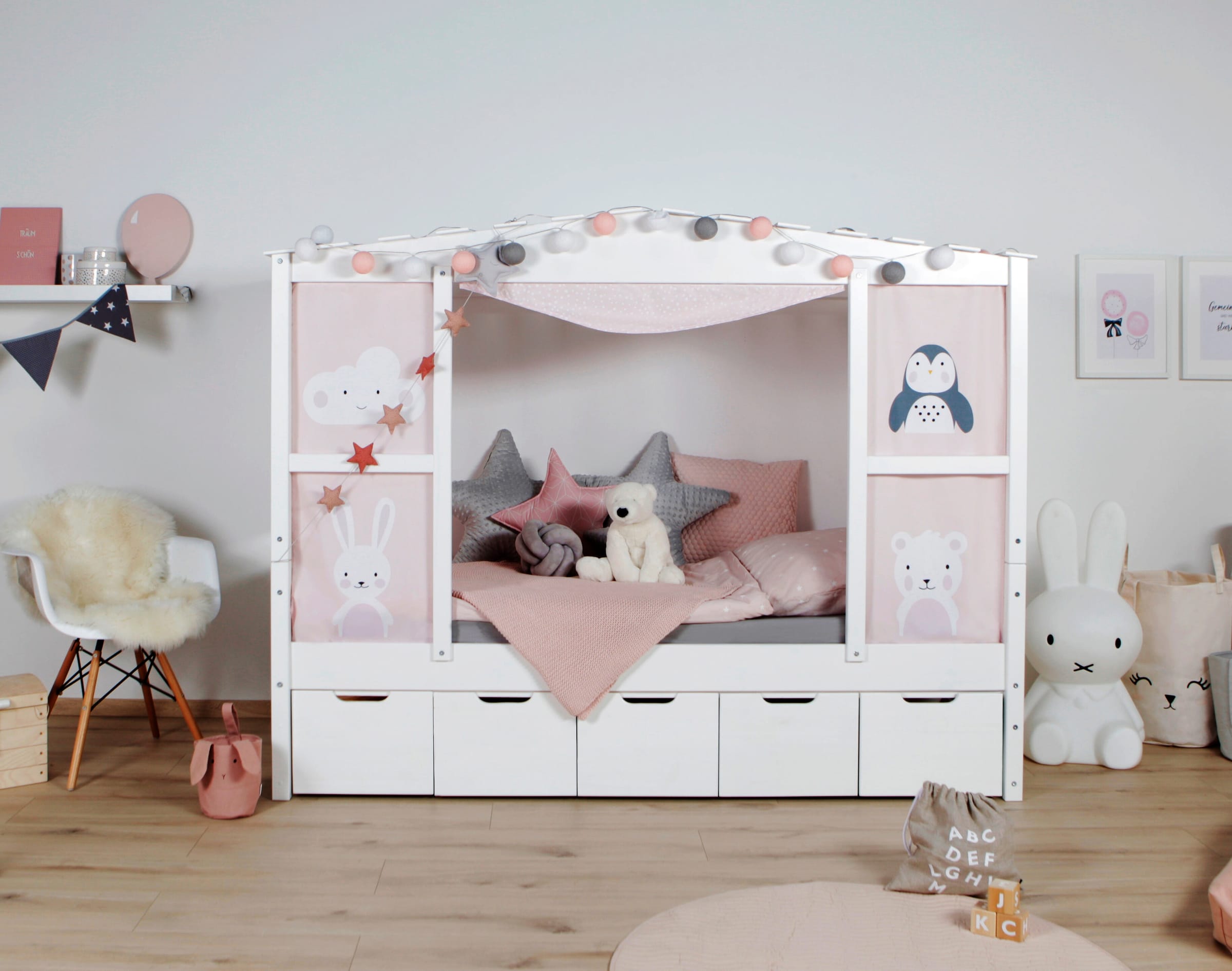 Ticaa Hausbett mit Bettkasten "Amelie" Kiefer Weiß