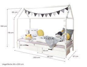 Kinderbett Hausbett "Lina" mit Schubkästen 90x200 cm Kiefer weiß