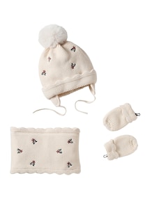 Mädchen Baby-Set: Mütze, Rundschal & Fäustlinge mit Blumen