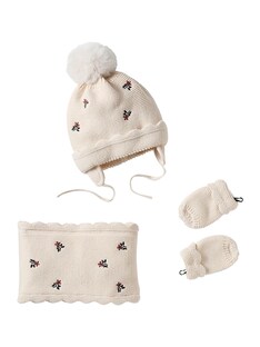 Mädchen Baby-Set: Mütze, Rundschal & Fäustlinge mit Blumen