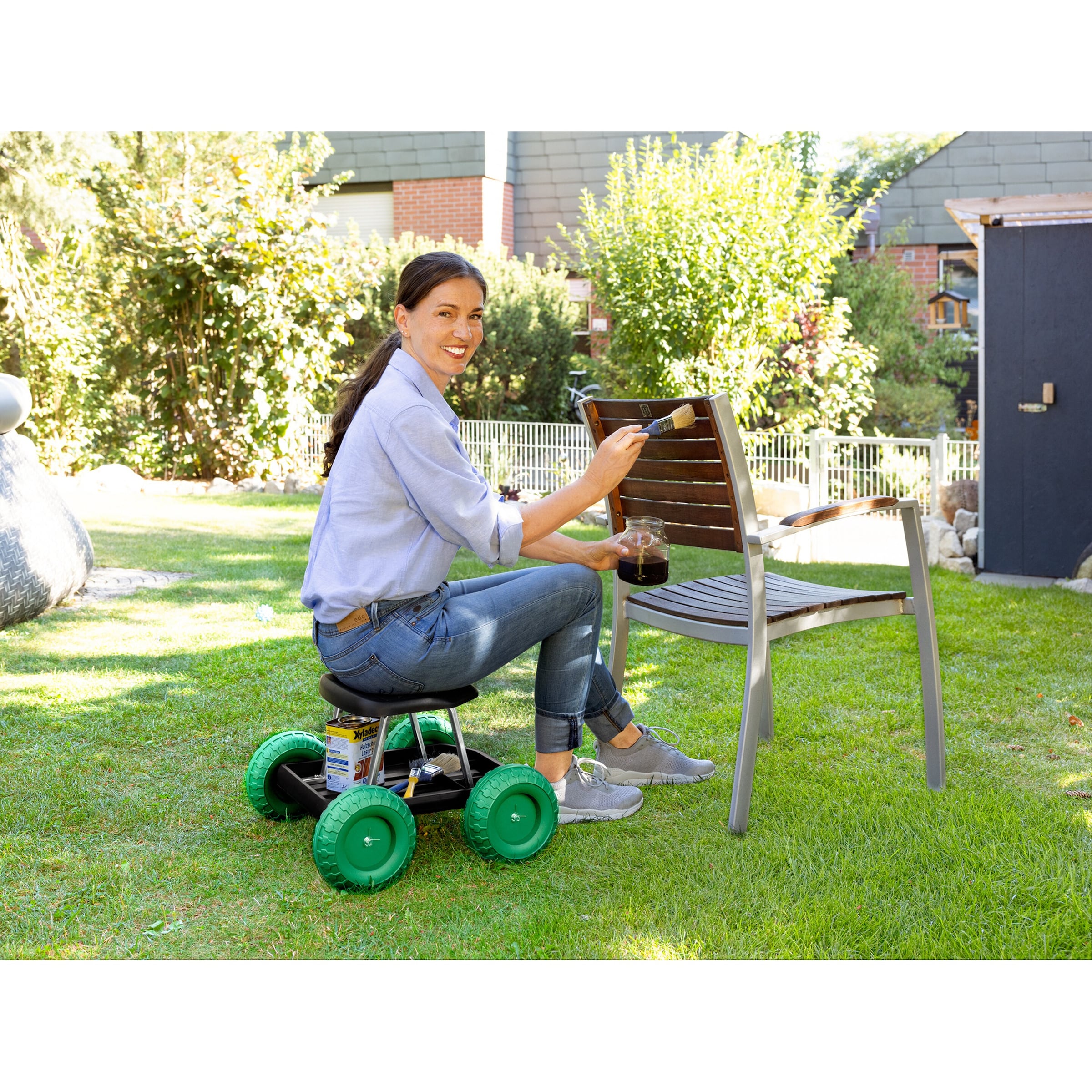 Rollsitz, fahrbarer Gartensitz mit Ablage, belastbar bis 130 kg