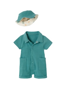 Baby-Set aus Kurzoverall und wendbarem Sonnenhut aus Frottee