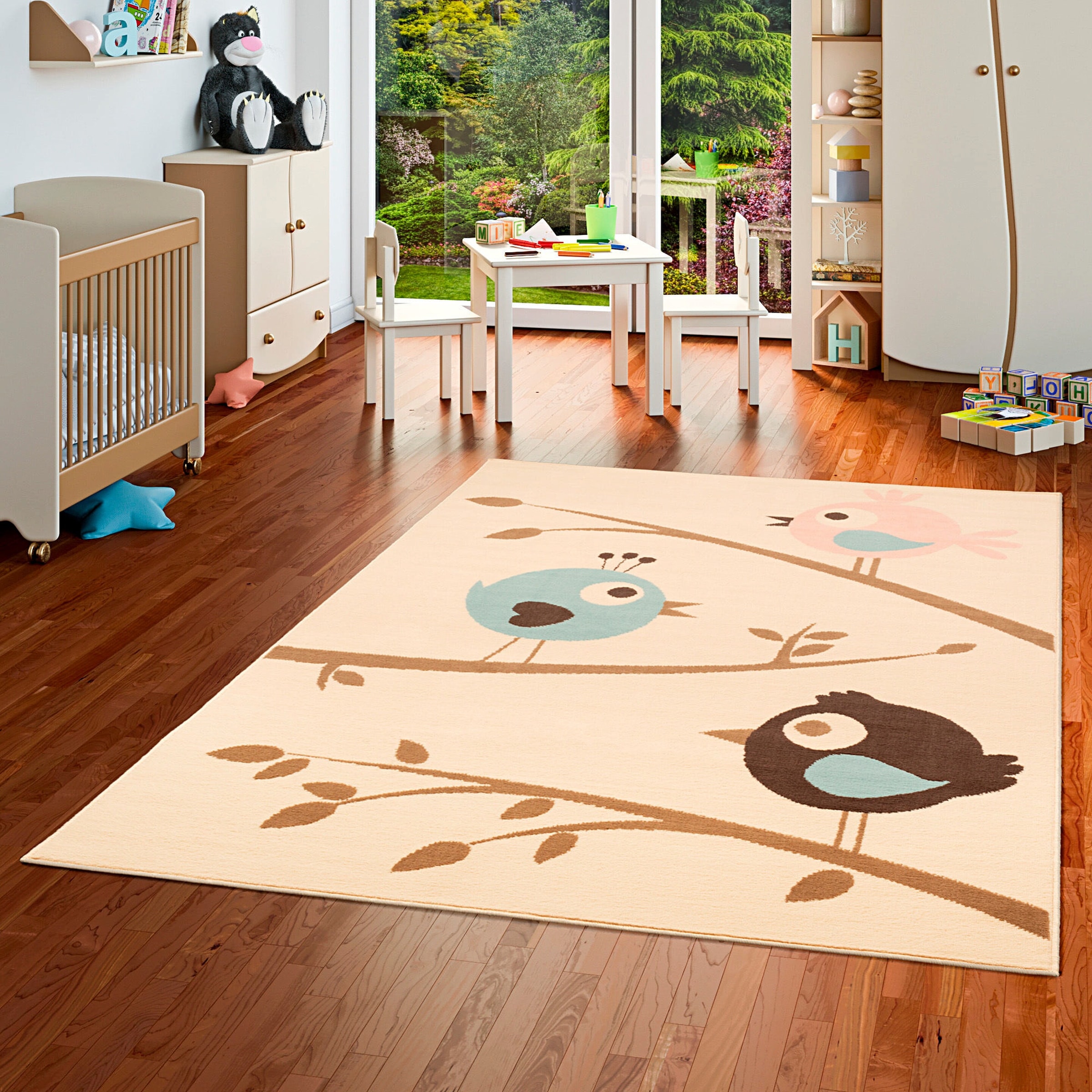 Pergamon Kinderteppich Trendline Vögel Pastell Beige Blau