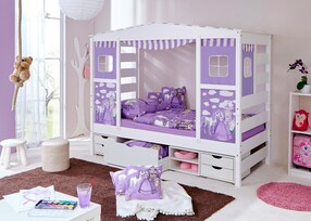 Hausbett mit Bettkasten "Horse Lila" Kiefer Weiß