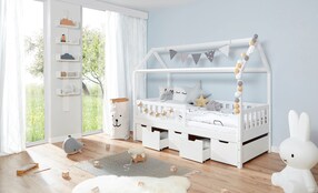 Hausbett "Traumhaus" mit 5er Schubkästen Kiefer Weiß