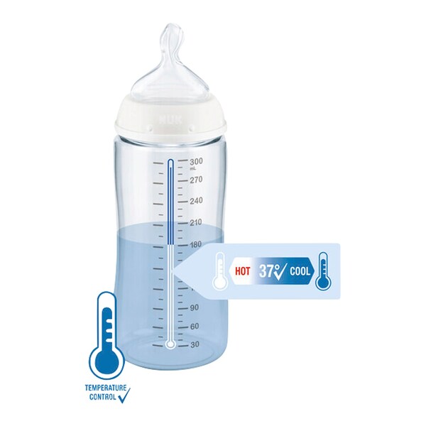 NUK biberon First Choice+ Flow Control | 6-18 mois | Contrôle de  température | Tétine en silicone | Valve anti-coliques | Sans BPA | 360 ml  | Bleu | 1